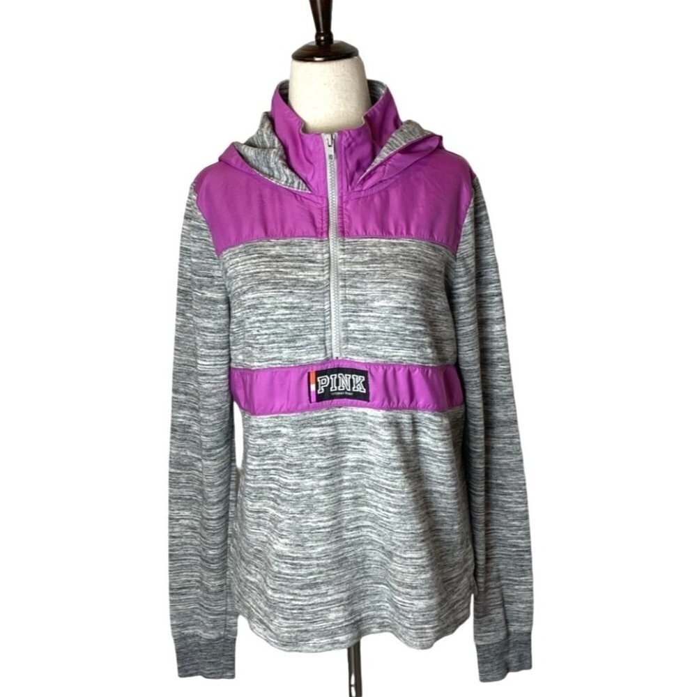 PINK Victoria's Secret Sweatshirt Women XS Purple Gray‎ Hooded Half Zip Retro